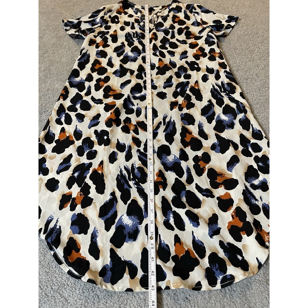SHEIN Leopard Print Mini Dress Sz L Blue Rustic Brown Rounded Hem Casual - Picture 7 of 13